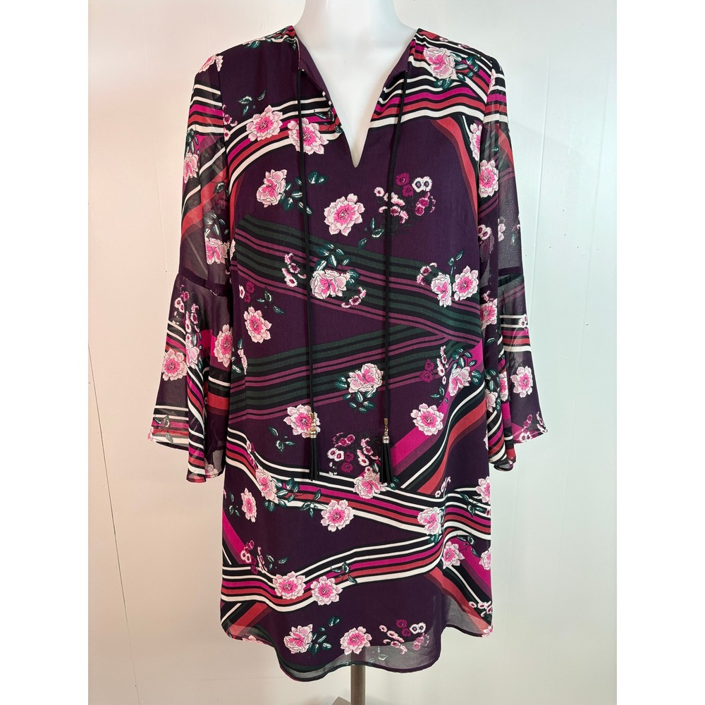 Vince Camuto Shift Dress 2 Purple Floral Striped Tassel Bell Sleeve Women